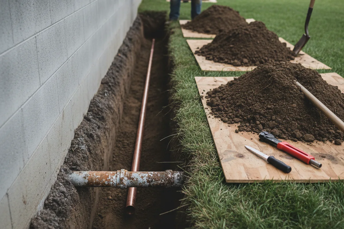 Excavated water line trench during Water Heater Repair in North Arlington